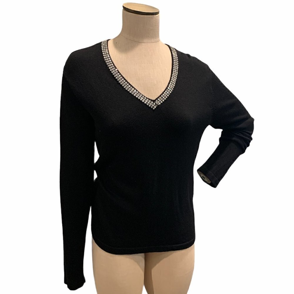 Soft Surroundings Silk Cashmere V-neck Pullover Sweater L Black Rhinestone 181F